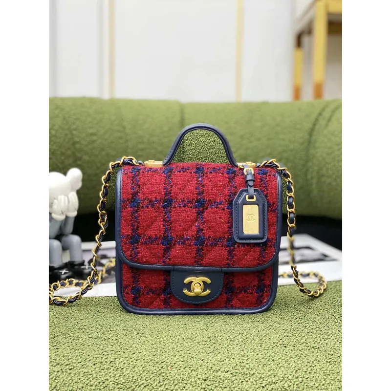 Chanel AS3652 Small Flap Bag with Top Handle Cotton & Wool Tweed & Gold Tone Metal Black and Red