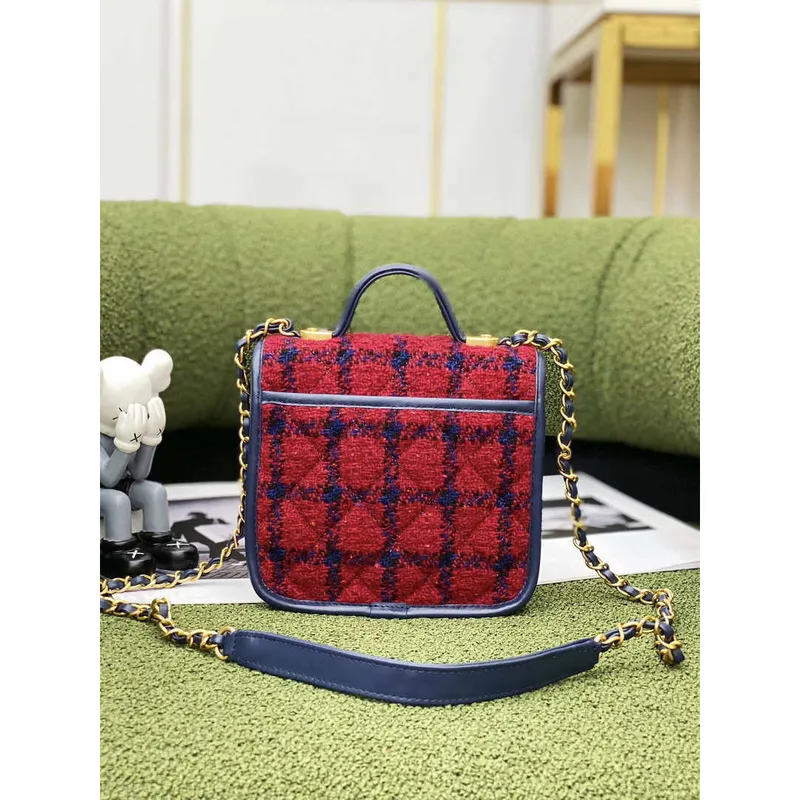 Chanel AS3652 Small Flap Bag with Top Handle Cotton & Wool Tweed & Gold Tone Metal Black and Red