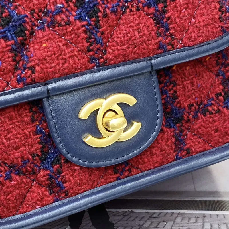 Chanel AS3652 Small Flap Bag with Top Handle Cotton & Wool Tweed & Gold Tone Metal Black and Red