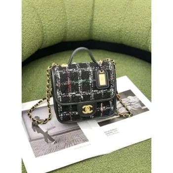 Chanel AS3652 Small Flap Bag with Top Handle Cotton & Wool Tweed & Gold Tone Metal Black and White