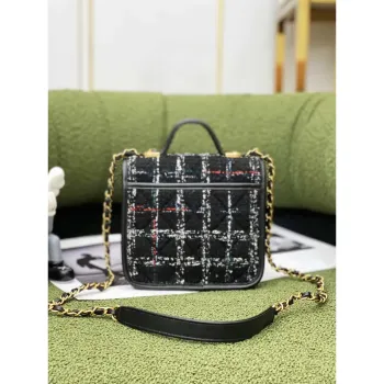 Chanel AS3652 Small Flap Bag with Top Handle Cotton & Wool Tweed & Gold Tone Metal Black and White