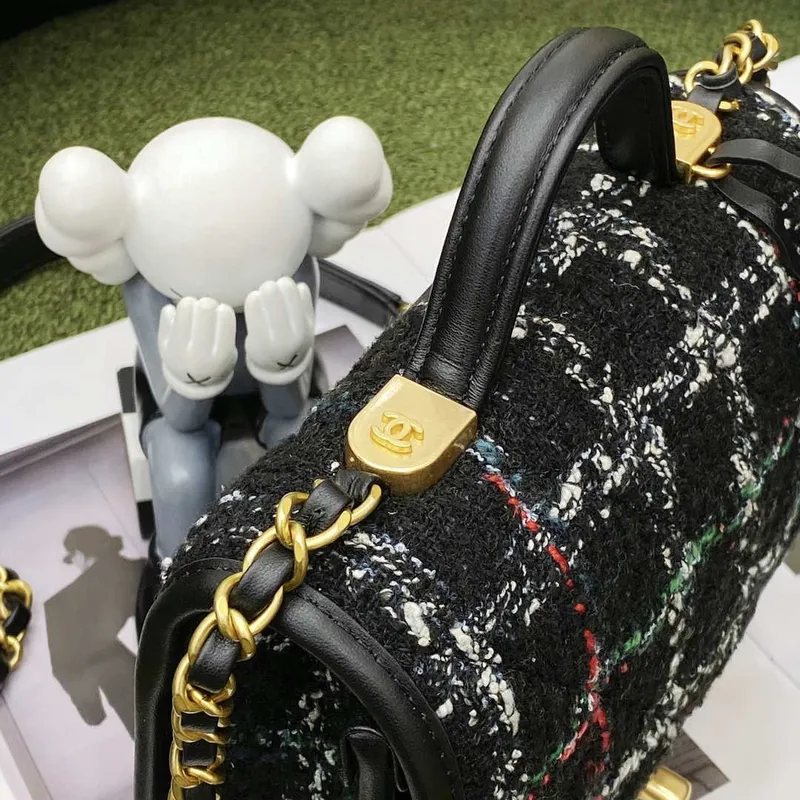 Chanel AS3652 Small Flap Bag with Top Handle Cotton & Wool Tweed & Gold Tone Metal Black and White