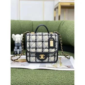 Chanel AS3652 Small Flap Bag with Top Handle Cotton & Wool Tweed & Gold Tone Metal Grey and Beige