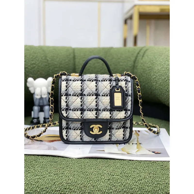 Chanel AS3652 Small Flap Bag with Top Handle Cotton & Wool Tweed & Gold Tone Metal Grey and Beige