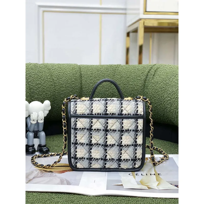 Chanel AS3652 Small Flap Bag with Top Handle Cotton & Wool Tweed & Gold Tone Metal Grey and Beige