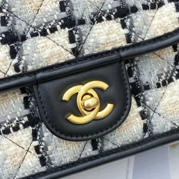 Chanel AS3652 Small Flap Bag with Top Handle Cotton & Wool Tweed & Gold Tone Metal Grey and Beige