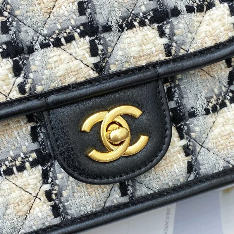 Chanel AS3652 Small Flap Bag with Top Handle Cotton & Wool Tweed & Gold Tone Metal Grey and Beige