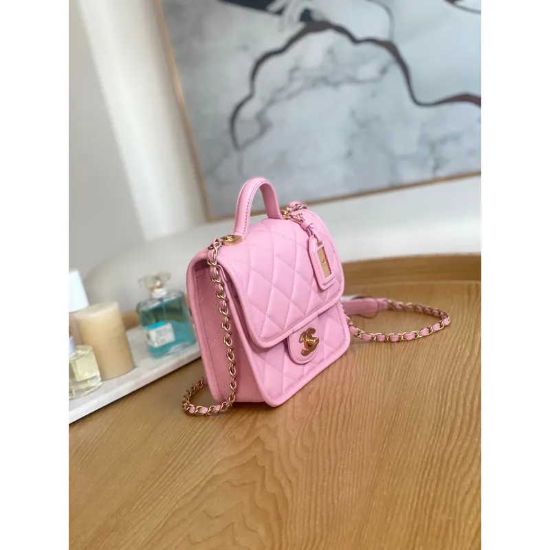Chanel AS3652 Small Flap Bag with Top Handle Calfskin & Gold Tone Metal Pink