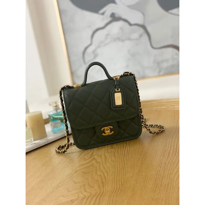 Chanel AS3652 Small Flap Bag with Top Handle Calfskin & Gold Tone Metal Dark Green