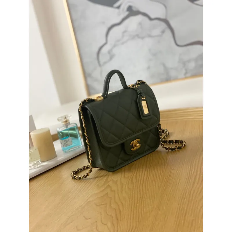 Chanel AS3652 Small Flap Bag with Top Handle Calfskin & Gold Tone Metal Dark Green