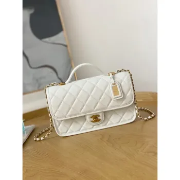Chanel AS3653 Small Flap Bag with Top Handle Calfskin & Gold Tone Metal White