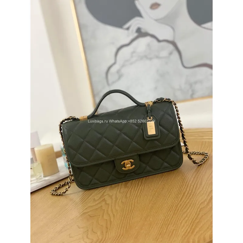Chanel AS3653 Small Flap Bag with Top Handle Calfskin & Gold Tone Metal Dark Green