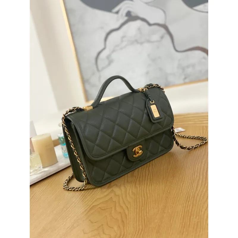 Chanel AS3653 Small Flap Bag with Top Handle Calfskin & Gold Tone Metal Dark Green