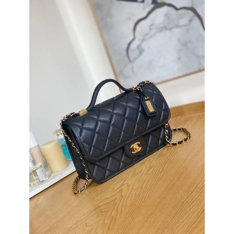 Chanel AS3653 Small Flap Bag with Top Handle Calfskin & Gold Tone Metal Black