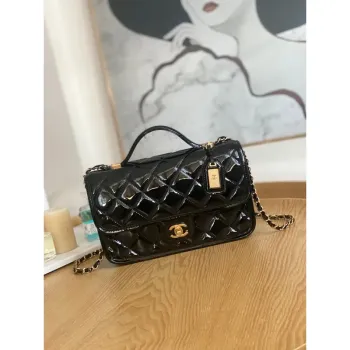 Chanel AS3653 Small Flap Bag with Top Handle Patent Calfskin & Gold Tone Metal Black