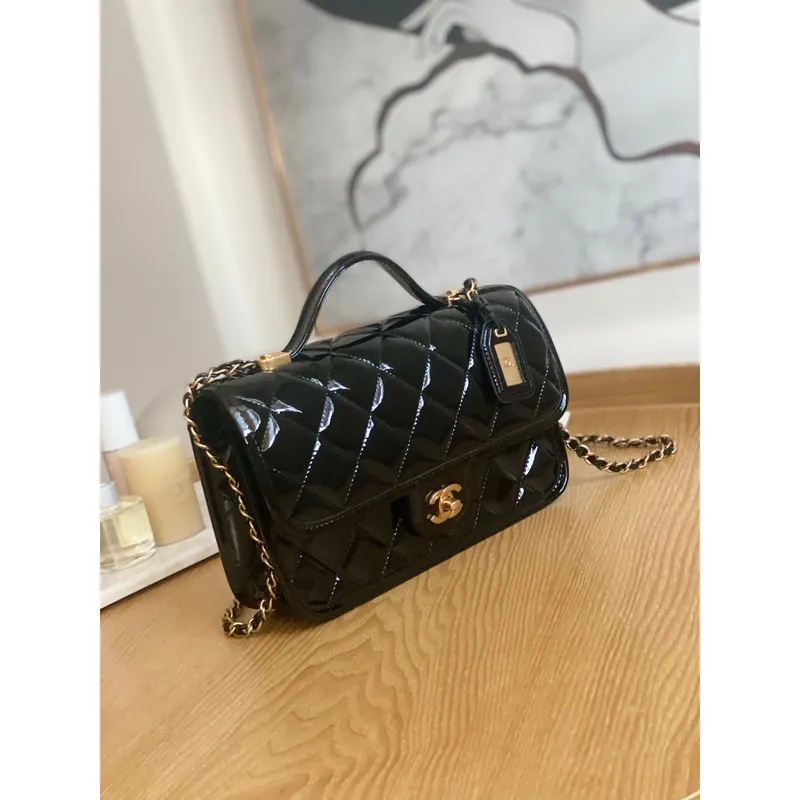 Chanel AS3653 Small Flap Bag with Top Handle Patent Calfskin & Gold Tone Metal Black