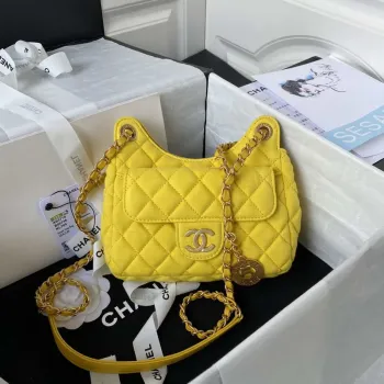 Chanel AS3710 Small Hobo Handbag Velvet & Gold Tone Metal Yellow