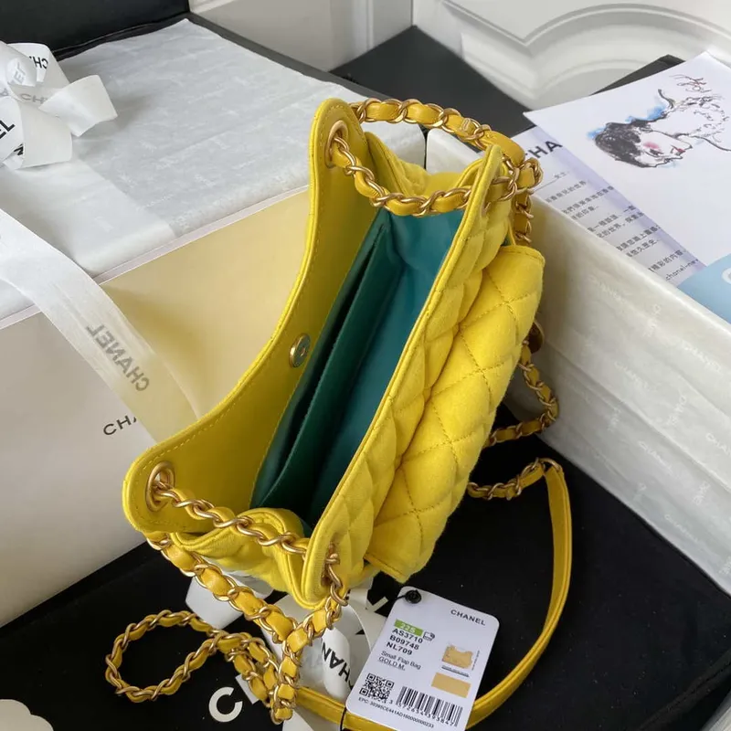 Chanel AS3710 Small Hobo Handbag Velvet & Gold Tone Metal Yellow