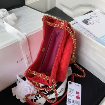 Chanel AS3710 Small Hobo Handbag Velvet & Gold Tone Metal Red