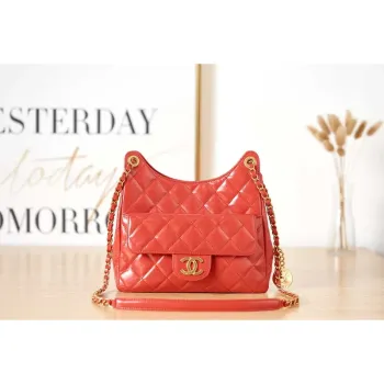 Chanel AS3690 Hobo Handbag Shiny Crumpled Calfskin & Gold Tone Metal Red