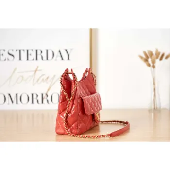 Chanel AS3690 Hobo Handbag Shiny Crumpled Calfskin & Gold Tone Metal Red