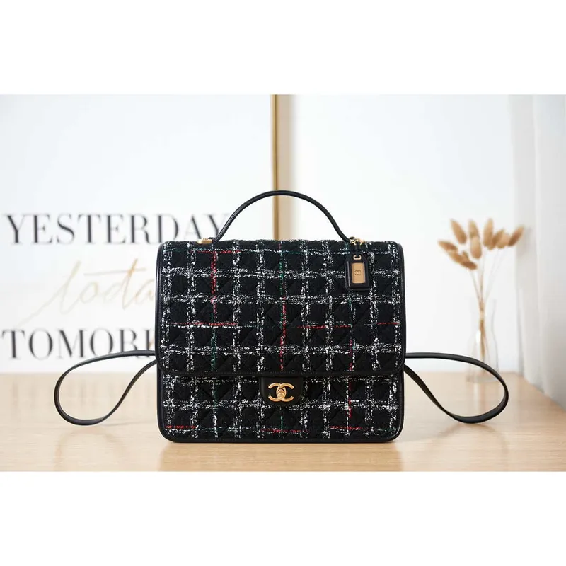 Chanel AS3662 LARGE BACKPACK Wool Tweed & Gold Tone Metal Black