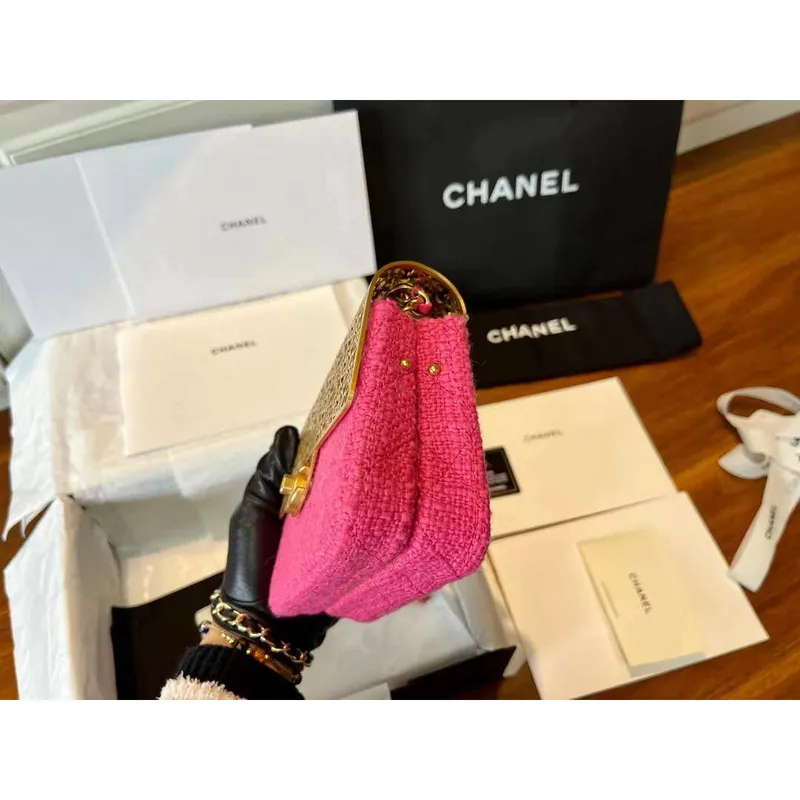 Chanel AS3526 Mini Evening Bag Wool Tweed & Gold Tone Metal Rose Red