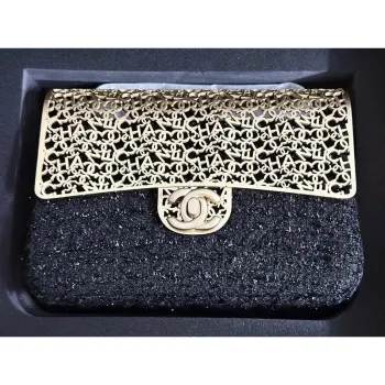 Chanel AS3526 Mini Evening Bag Wool Tweed & Gold Tone Metal Black