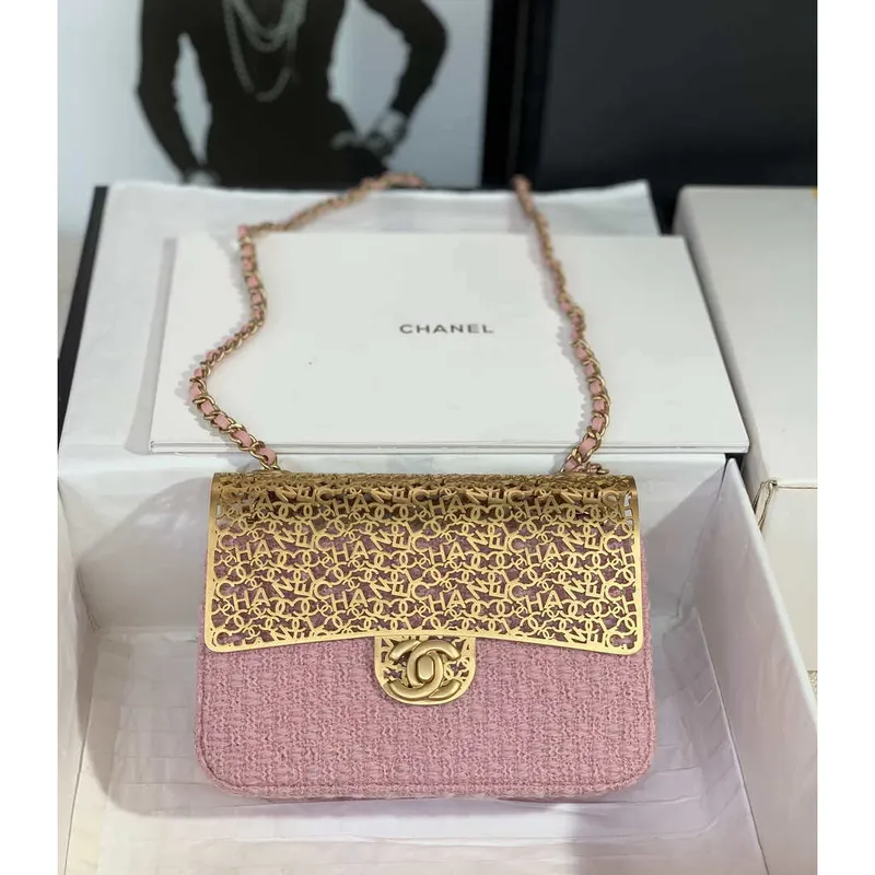 Chanel AS3526 Mini Evening Bag Wool Tweed & Gold Tone Metal Light Pink
