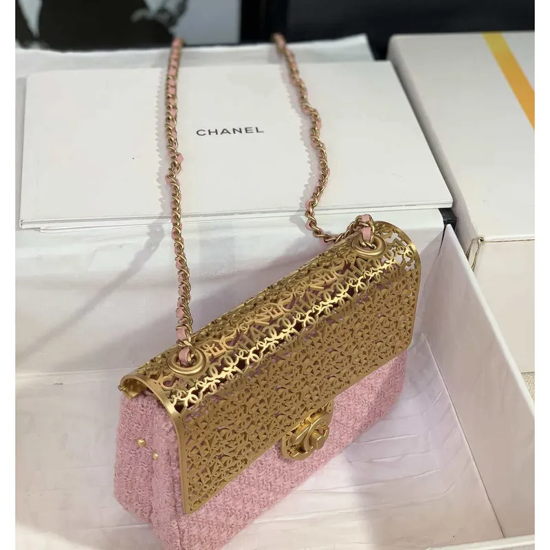 Chanel AS3526 Mini Evening Bag Wool Tweed & Gold Tone Metal Light Pink