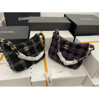 Chanel AS3562 Hobo Handbag Wool Tweed Black