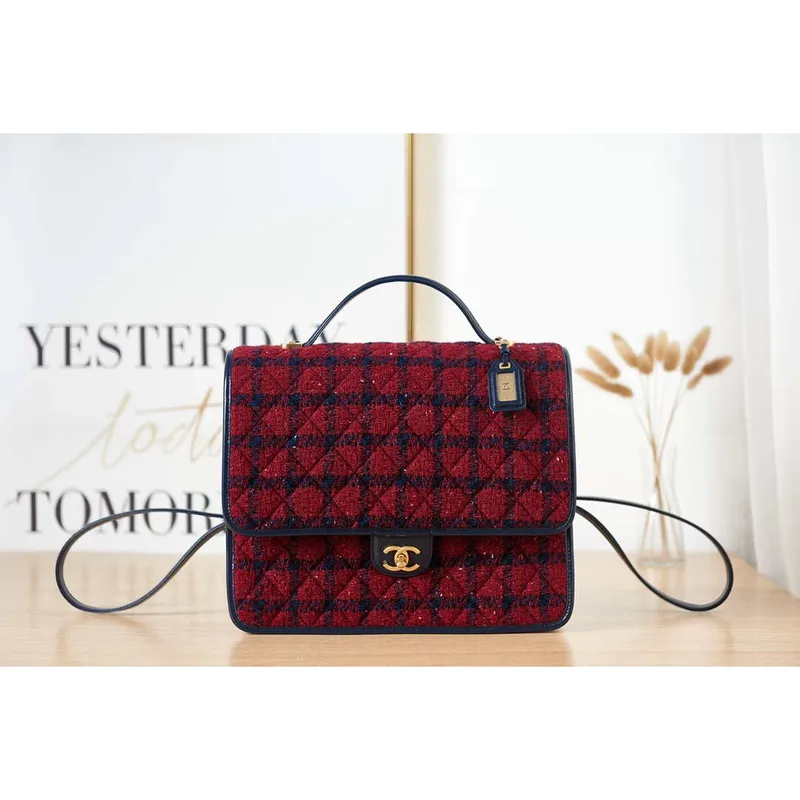 Chanel AS3662 LARGE BACKPACK Wool Tweed & Gold Tone Metal Wine Red