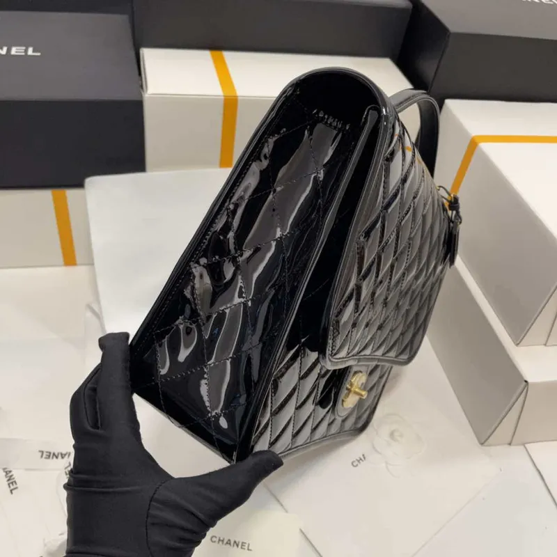Chanel AS3662 LARGE BACKPACK Patent Calfskin & Gold Tone Metal Black