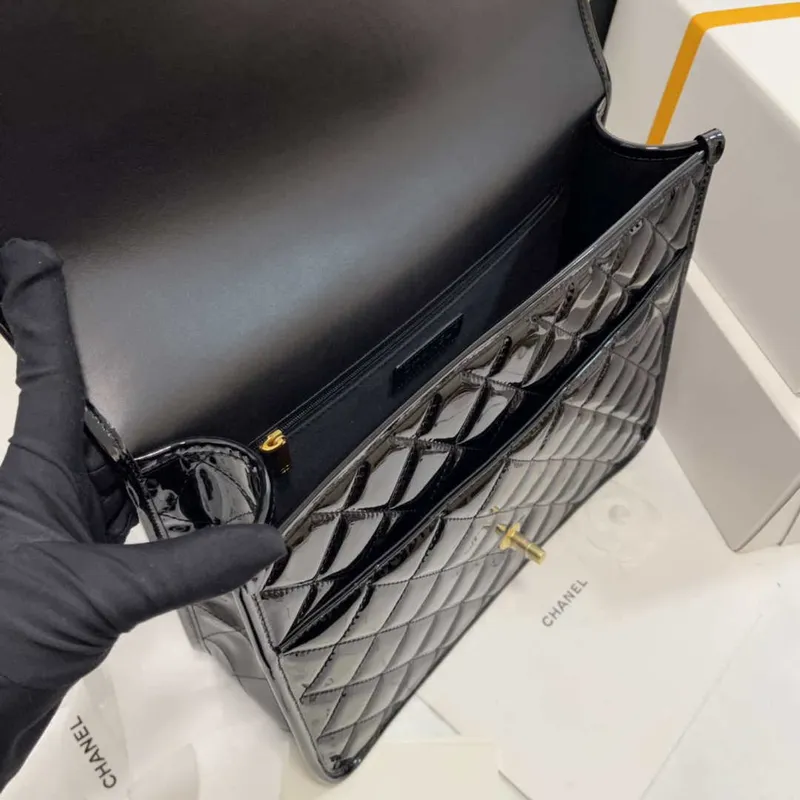 Chanel AS3662 LARGE BACKPACK Patent Calfskin & Gold Tone Metal Black