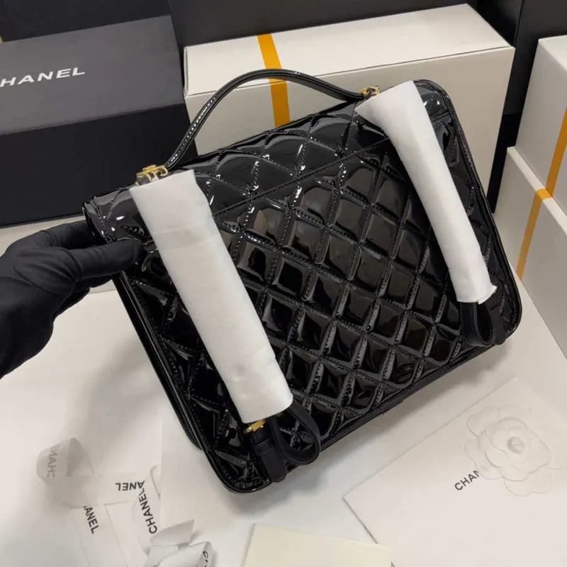 Chanel AS3662 LARGE BACKPACK Patent Calfskin & Gold Tone Metal Black