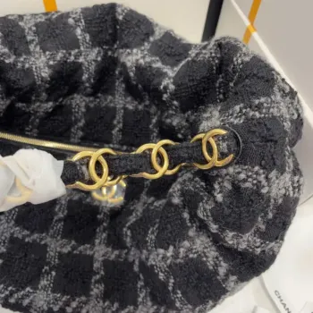 Chanel AS3564 MAXI HOBO BAG Wool Tweed & Gold Tone Metal Black & Gray