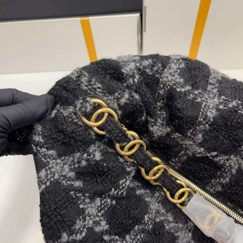 Chanel AS3564 MAXI HOBO BAG Wool Tweed & Gold Tone Metal Black & Gray