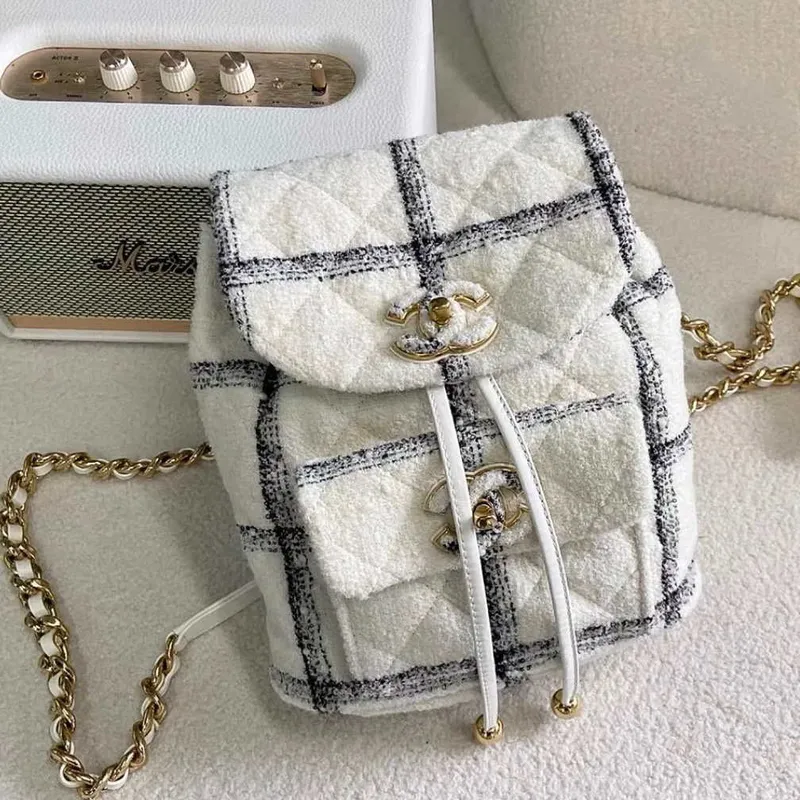 Chanel AS3615 Backpack Wool Tweed & Gold Tone Metal Beige & Black