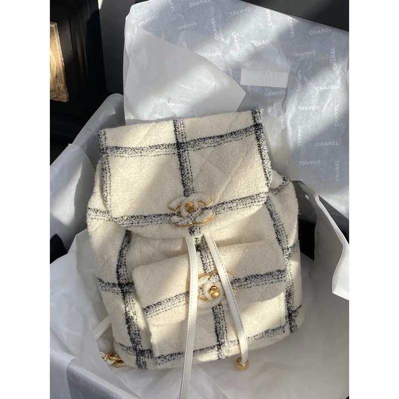 Chanel AS3615 Backpack Wool Tweed & Gold Tone Metal Beige & Black
