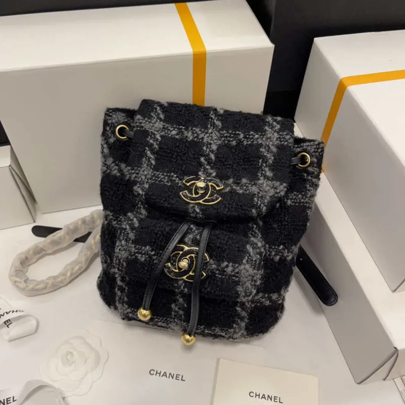 Chanel AS3615 Backpack Wool Tweed & Gold Tone Metal Black & Gray