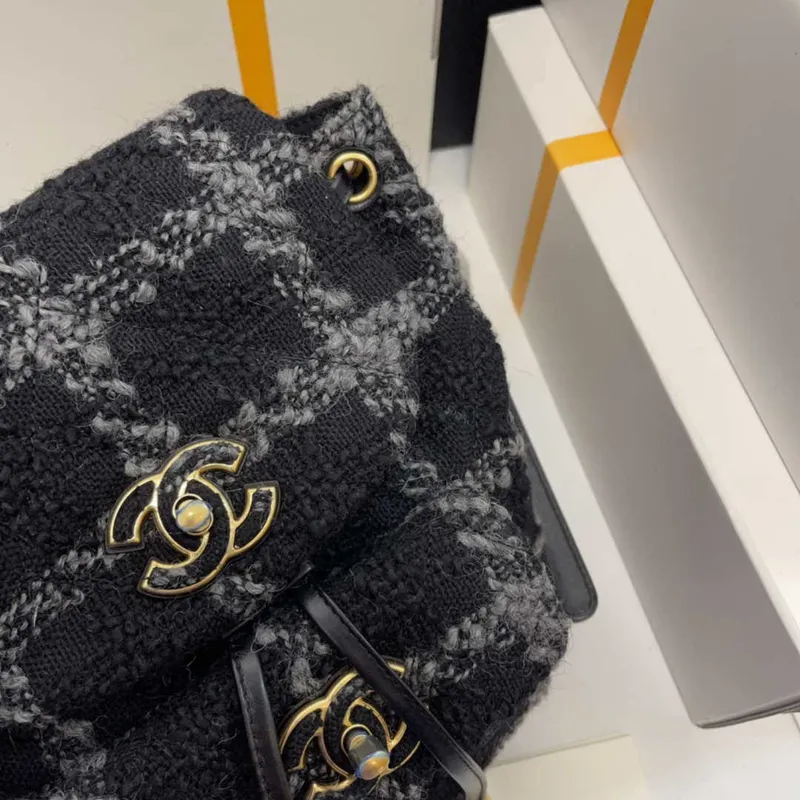 Chanel AS3615 Backpack Wool Tweed & Gold Tone Metal Black & Gray