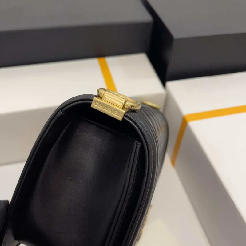 Chanel A67086 Boy Handbag Black Lambskin Leather Gold