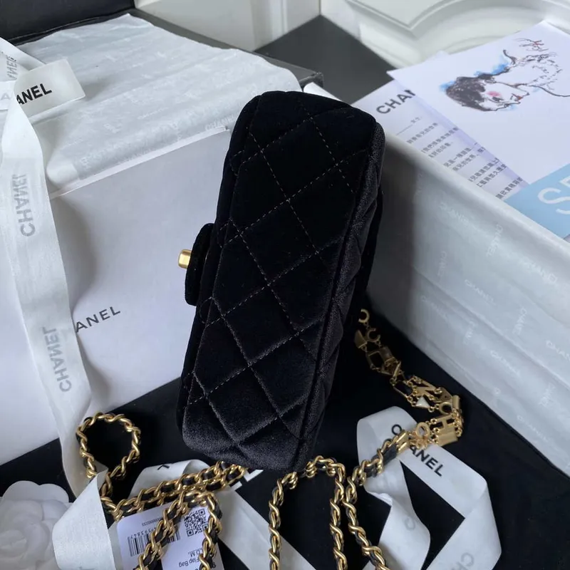 Chanel AS3442 Mini Flap Bag Velvet Enamel & Gold Tone Metal Black