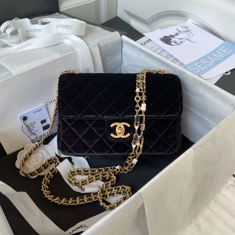 Chanel AS3432 Small Flap Bag Velvet Enamel & Gold Tone Metal Black
