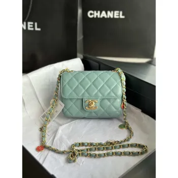 Chanel AS3738 Mini Flap Bag Lambskin Enamel & Gold Tone Metal Blue