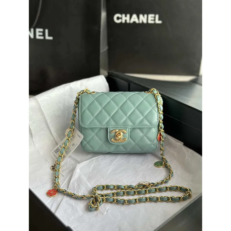 Chanel AS3738 Mini Flap Bag Lambskin Enamel & Gold Tone Metal Blue