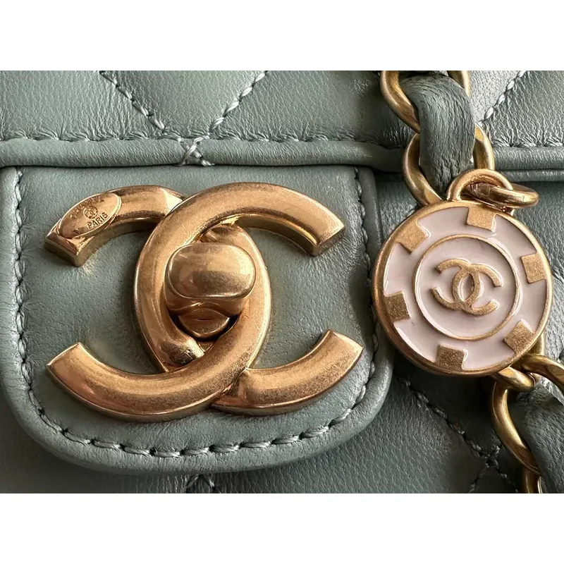 Chanel AS3738 Mini Flap Bag Lambskin Enamel & Gold Tone Metal Blue