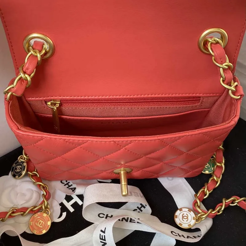 Chanel AS3738 Mini Flap Bag Lambskin Enamel & Gold Tone Metal Red