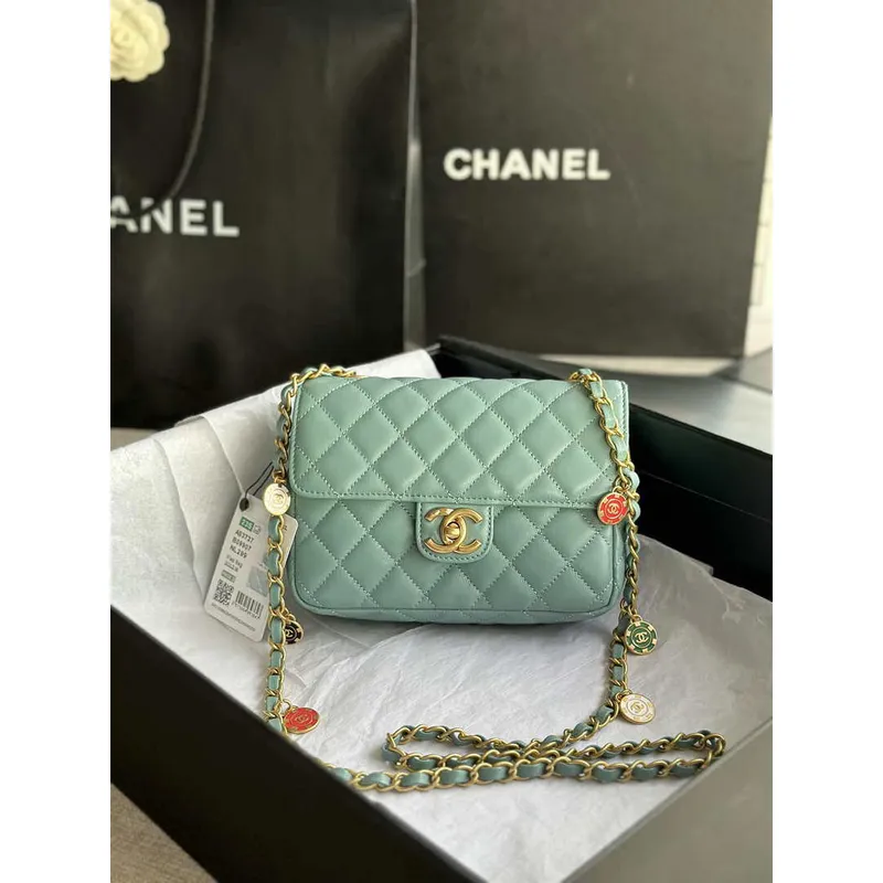 Chanel AS3737 Mini Flap Bag Lambskin Enamel & Gold Tone Metal Blue