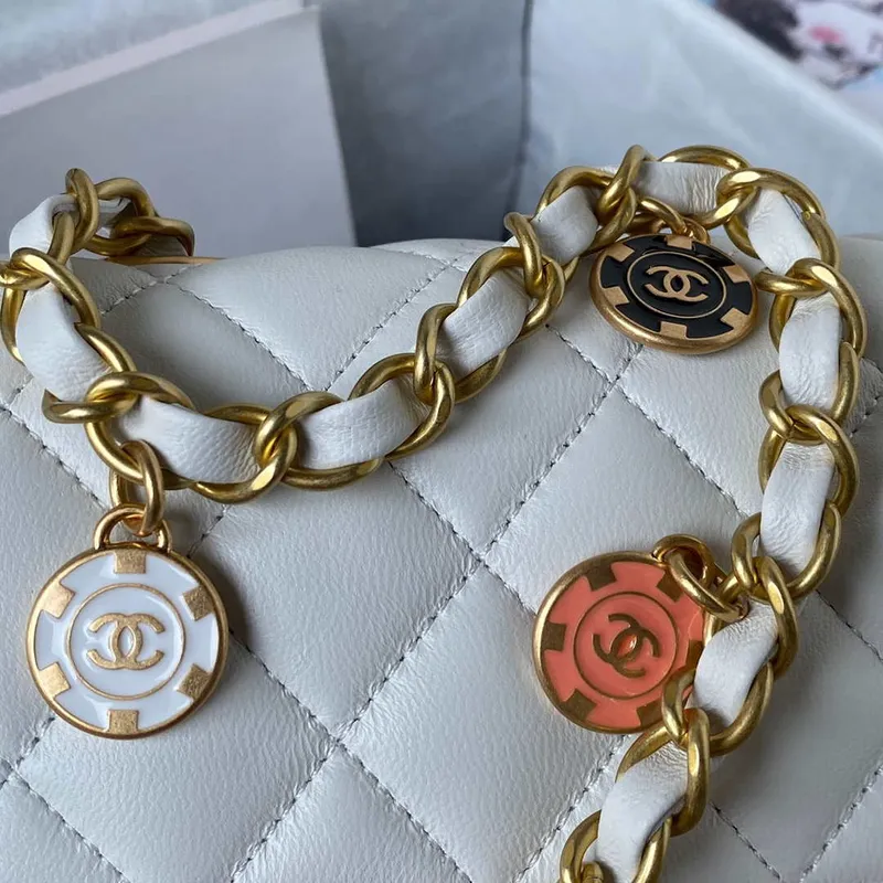 Chanel AS3737 Mini Flap Bag Lambskin Enamel & Gold Tone Metal White